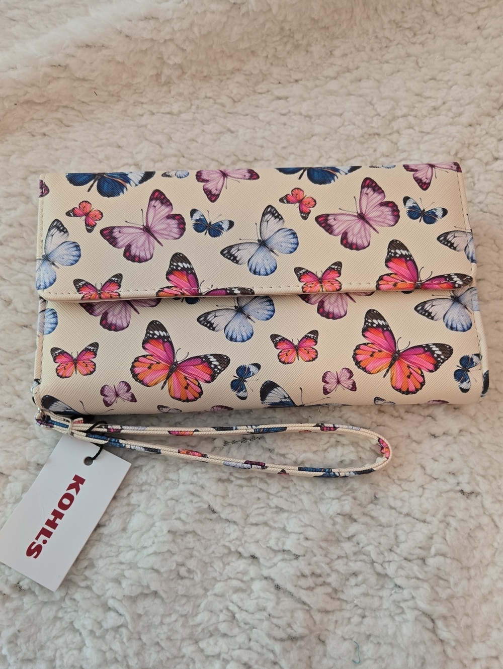 NWT Kohl's Cream Butterfly Wristlet Clutch with Pink & Blue Accents